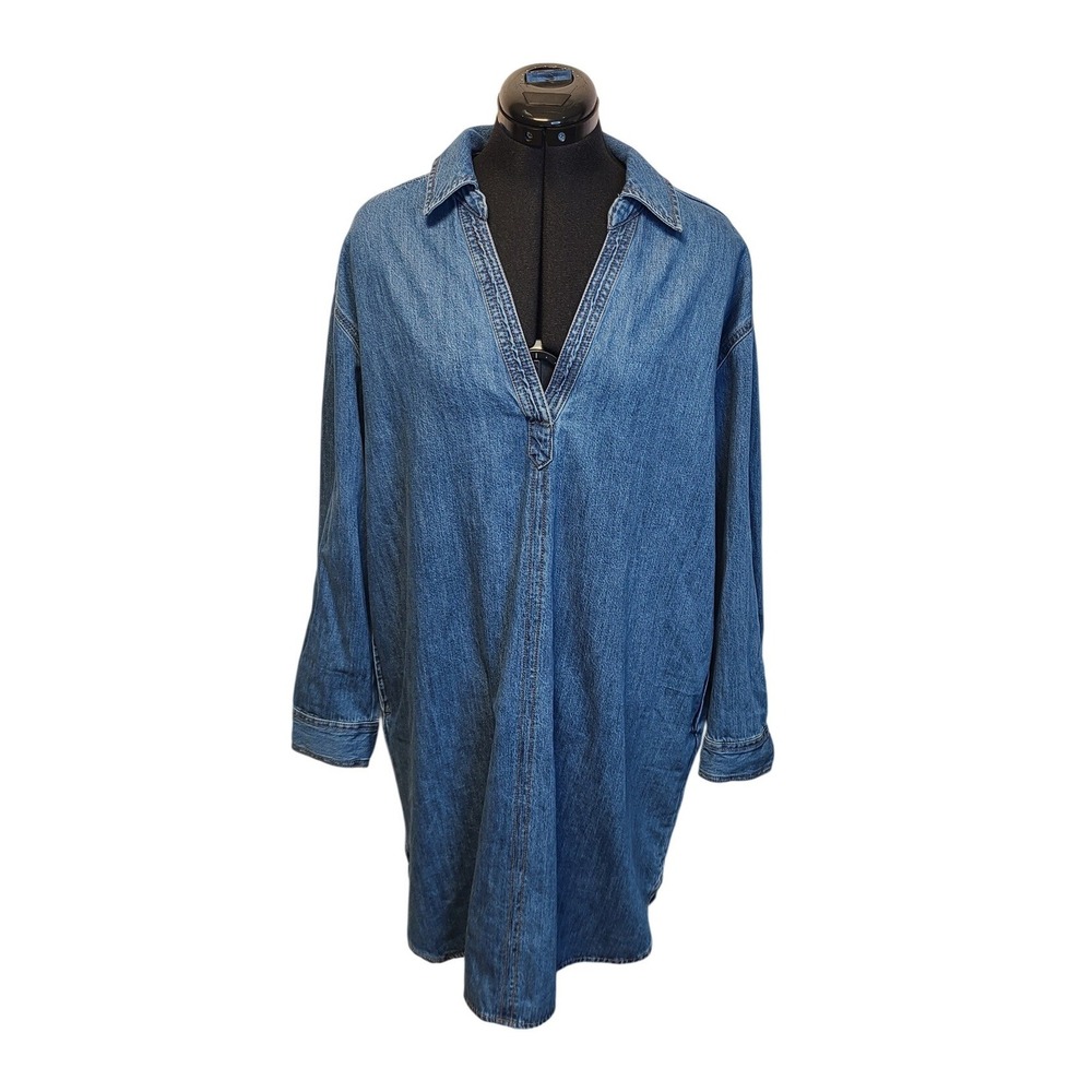Universal Thread Women's L Blue Denim Shirt Dress 100% Cotton V-Neck Long Sleeve